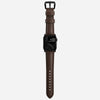 Whole view of the Traditional Band for Apple Watch, demonstrating the full length and design in Rustic Brown Horween leather with Black Hardware